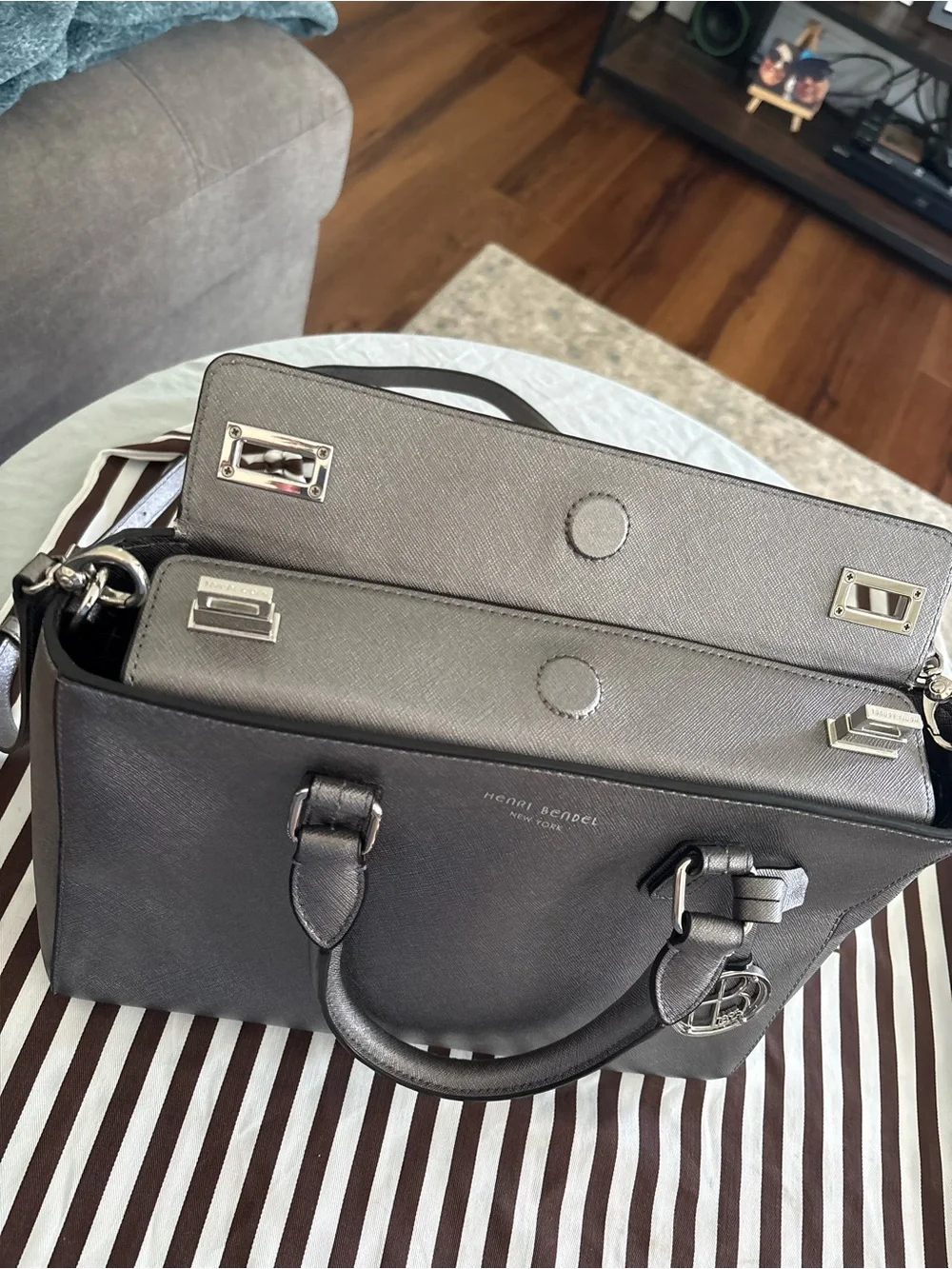 henri bendel Metallic Gray Leather Satchel with Logo Charm